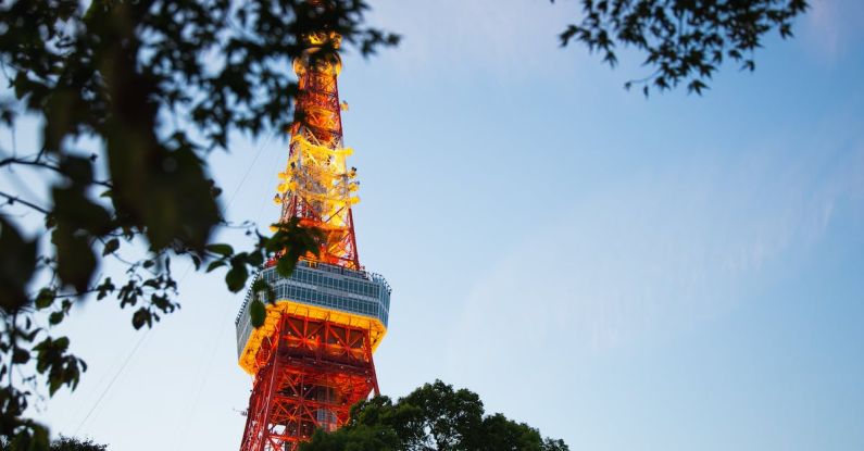 Electromagnetic Interference - From below of colorful high metal television tower with observation deck near tree branches in Tokyo