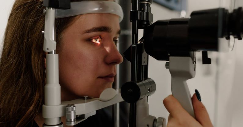 Machine Vision - Woman testing vision on microscope